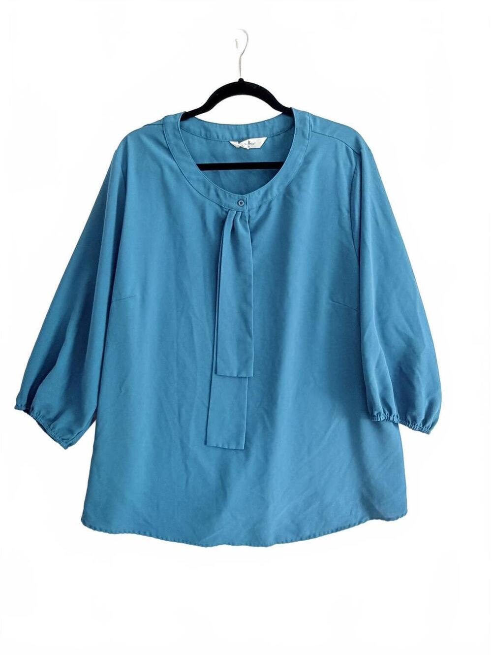 Agnes Orinda Teal Tie Neck Blouse Balloon Sleeve Plus Size 3X